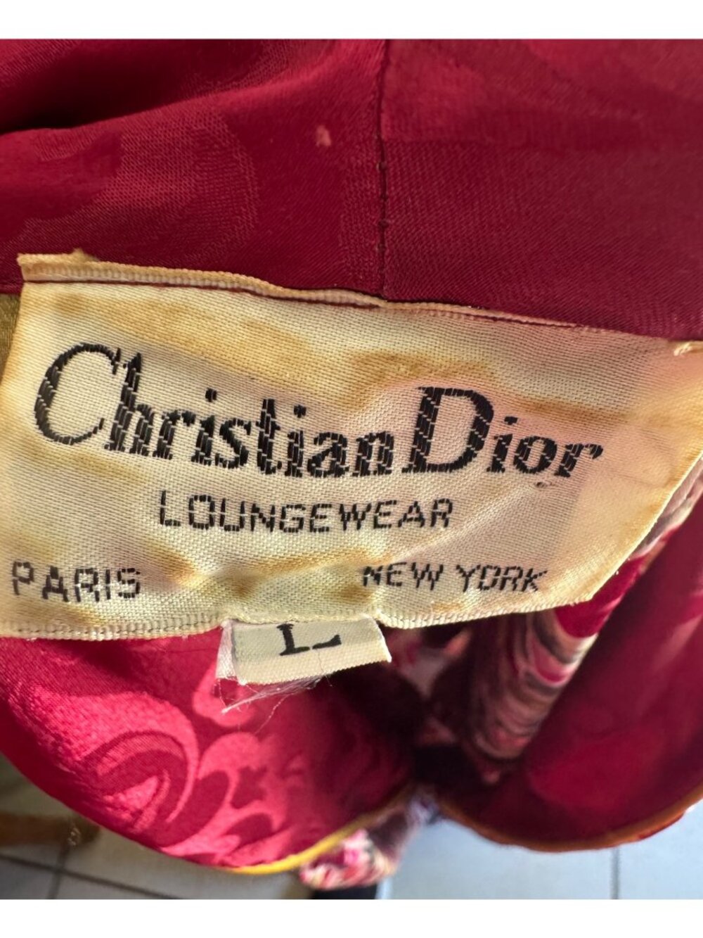 Christian Dior Loungewear Nightgown Kaftan Floral Satin Pockets Vintage Sz L - Picture 11 of 11